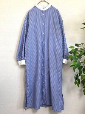 Philic Striped Band Collar Shirt Dress Loose Fit No Collar